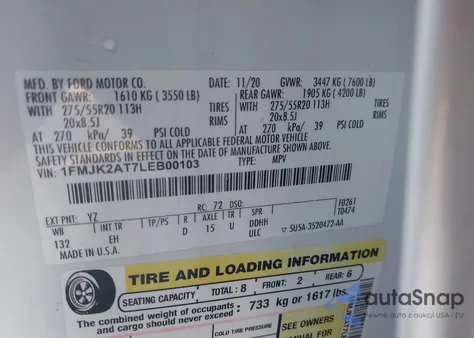 2020 Ford Expedition Limited Max z USA, uszkodzony, nr VIN 1FMJK2AT7LEB00103